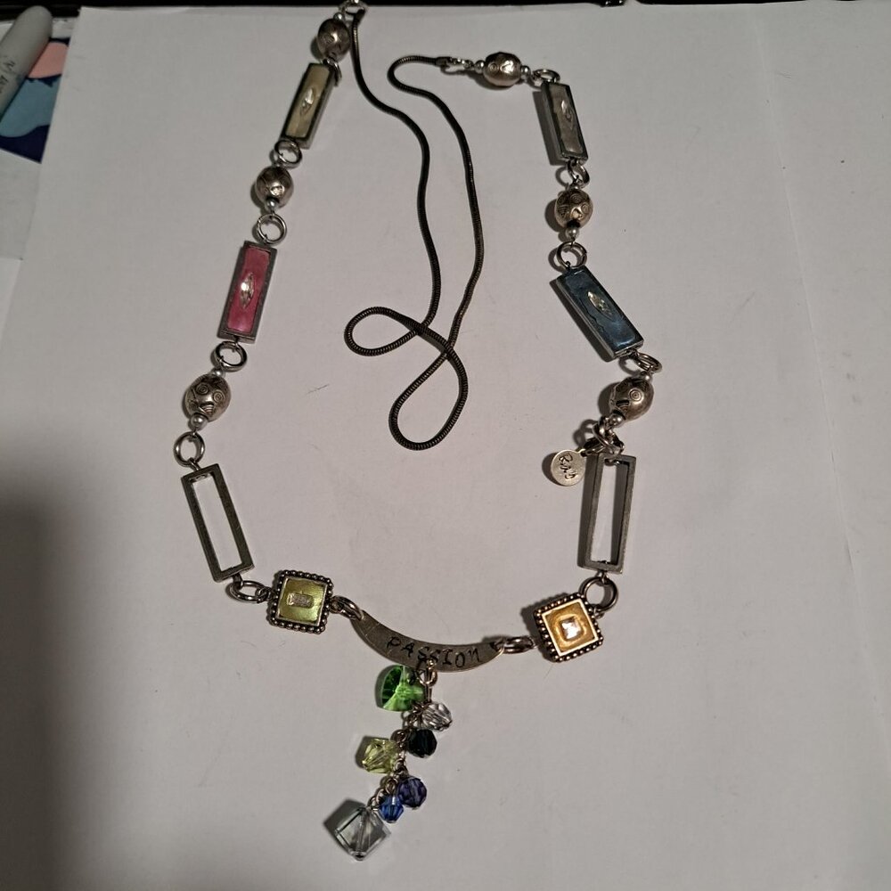 cream, pink, blue, green square and rectangle charm necklace Ray Passion